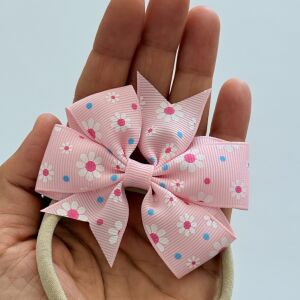 Papatya Desenli Pembe Fiyonk Bebek Saç Bandı