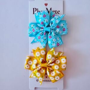 Çiçek Desenli Mavi & Sarı Fiyonk Çocuk Pens Toka 2’li Set